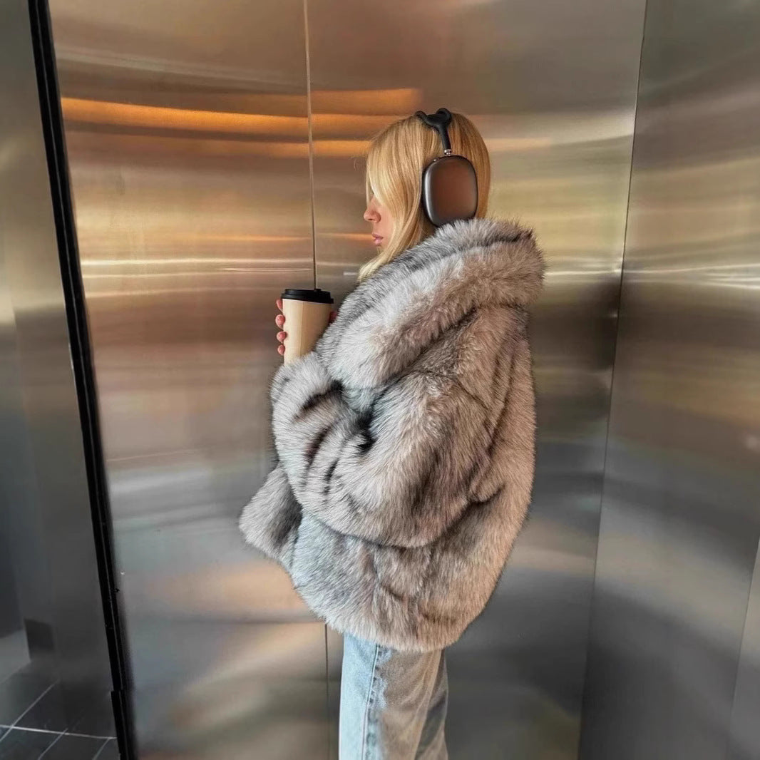 Women's Grey Faux Fur Jacket with Oversized Collar and Zip Front | Relaxed Fit Hip Length Winter Coat | Size S-2XL