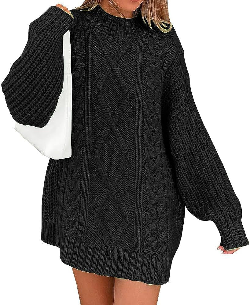 Women's Oversized Sweater Dress with Cable Knit Front | Balloon Sleeves, High Round Neck | Sizes S-XL, 7 Colors