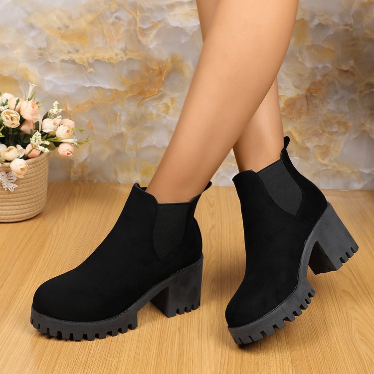 Women's Black Chelsea Boots in a Faux Suede Finish | Chunky Block Heel, Pull Tab, Ridged Lug Outsole | Sizes 5.5-11
