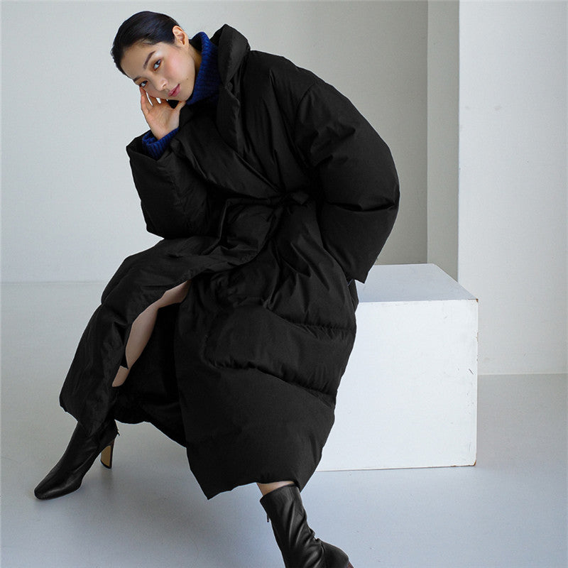 Women's Black Turtleneck with Oversized Fit and Windproof Shell | Waist Belt, Knit, Longline Cut | For Winter | Size S-XL
