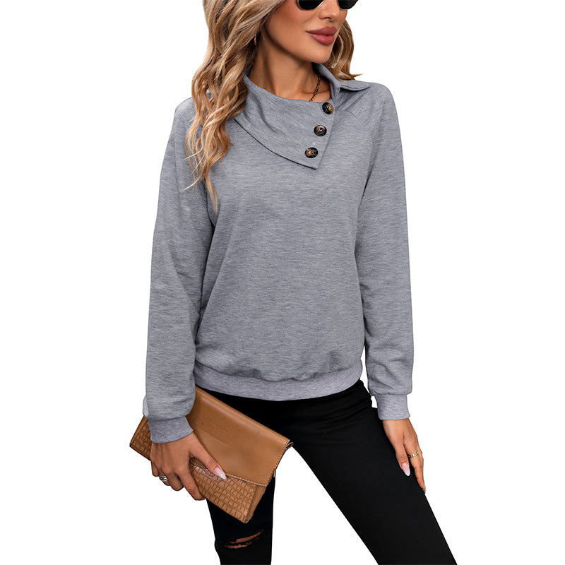 Women's Light Grey Collared Sweatshirt with Long Sleeves | Casual Pullover Top for Fall and Everyday Wear | Size S-XL