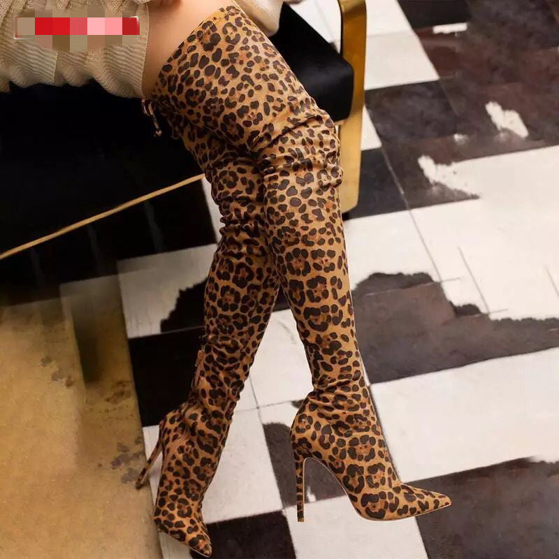 Women's Thigh High Boots with a Pointed Toe | Stiletto Heel, Stretch Shaft, Leopard Print Option | Sizes 5.5-11, 2 Colors
