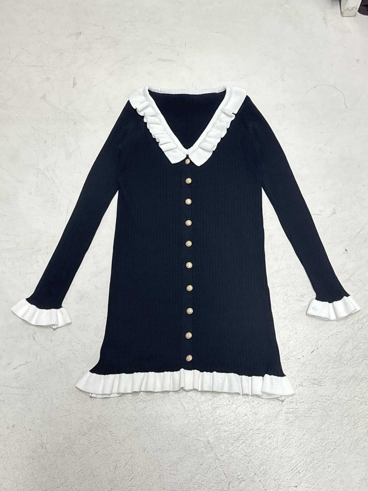 Women's Button Up Sweater Dress with Ruffle Collar | Ribbed Bodycon Shape, Gathered Cuffs | Sizes S-L in Black