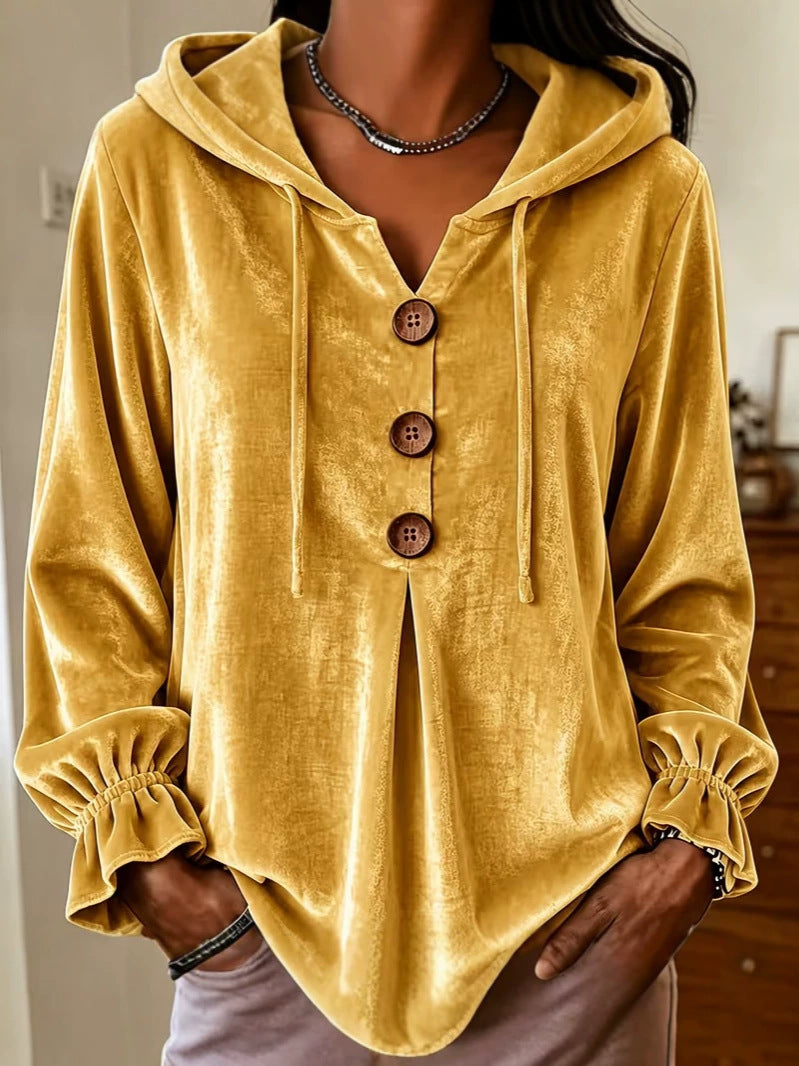 Women's Velvet Top with Hood and Drawstring | Decorative Button Placket, Ruffled Cuffs | Sizes S to 5XL, 5 Colors