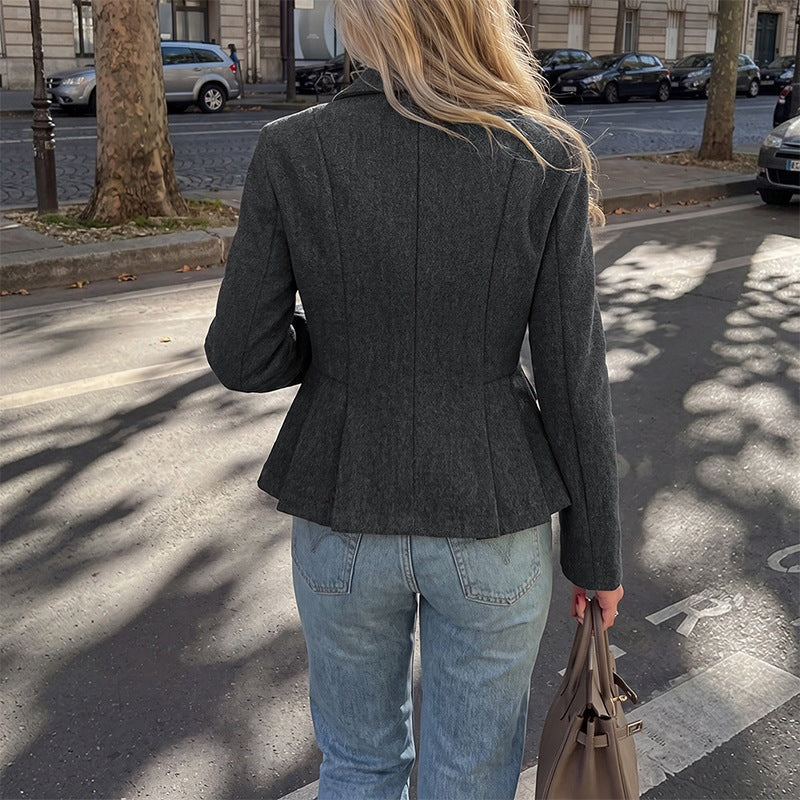 Women's Double Breasted Peplum Blazer with Lapels | Lined, Flap Pockets, Fitted Dark Grey Jacket with Slim Sleeves | Size S-XL