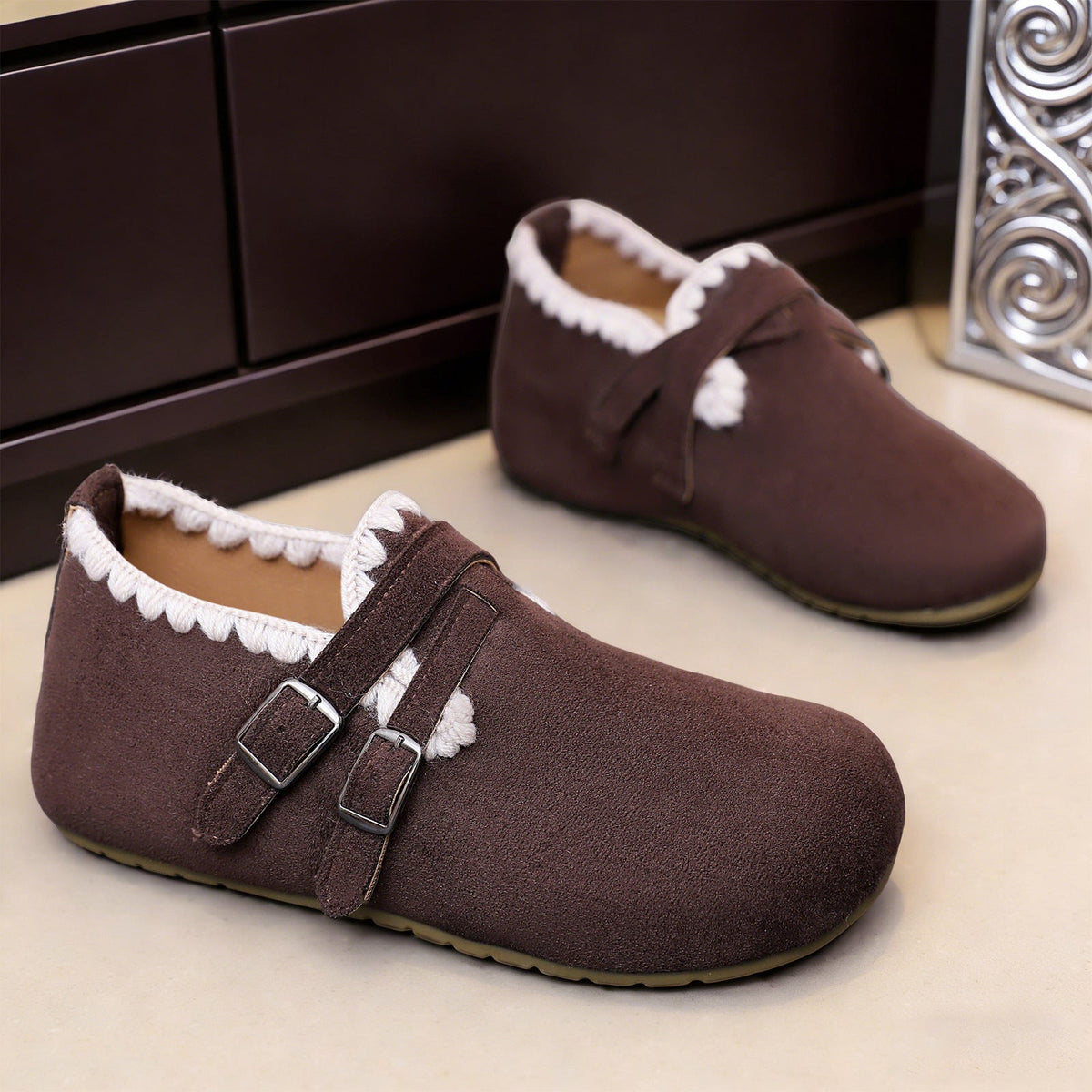 Women's Home Slippers in a Velour Moccasin Cut | Crochet Trim, Double Buckle Straps | Padded Footbed, Sizes 5.5-9.5