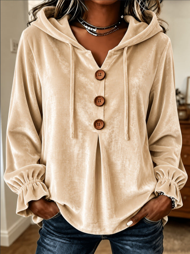 Women's Velvet Top with Hood and Drawstring | Decorative Button Placket, Ruffled Cuffs | Sizes S to 5XL, 5 Colors