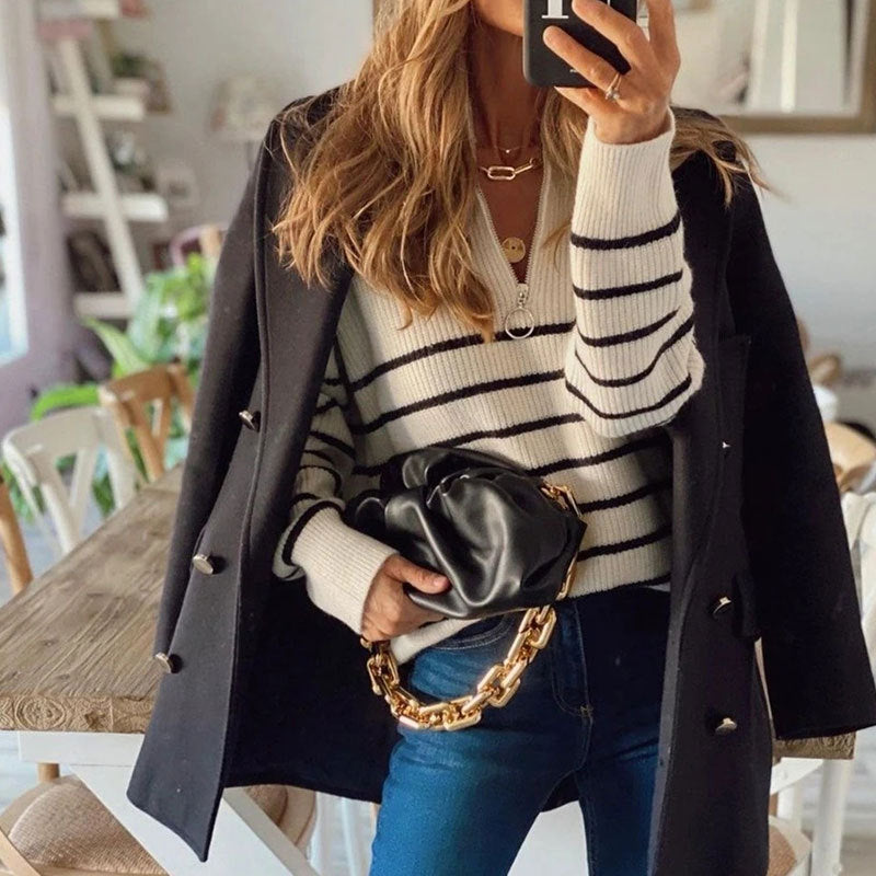 Women's Striped Half Zip Sweater with Ribbed Knit | Relaxed Fit Long Sleeve Pullover for Casual Wear | Size S-XL