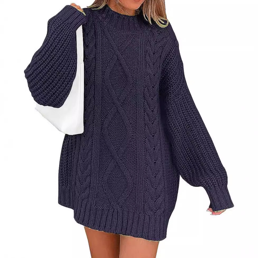 Women's Oversized Sweater Dress with Cable Knit Front | Balloon Sleeves, High Round Neck | Sizes S-XL, 7 Colors