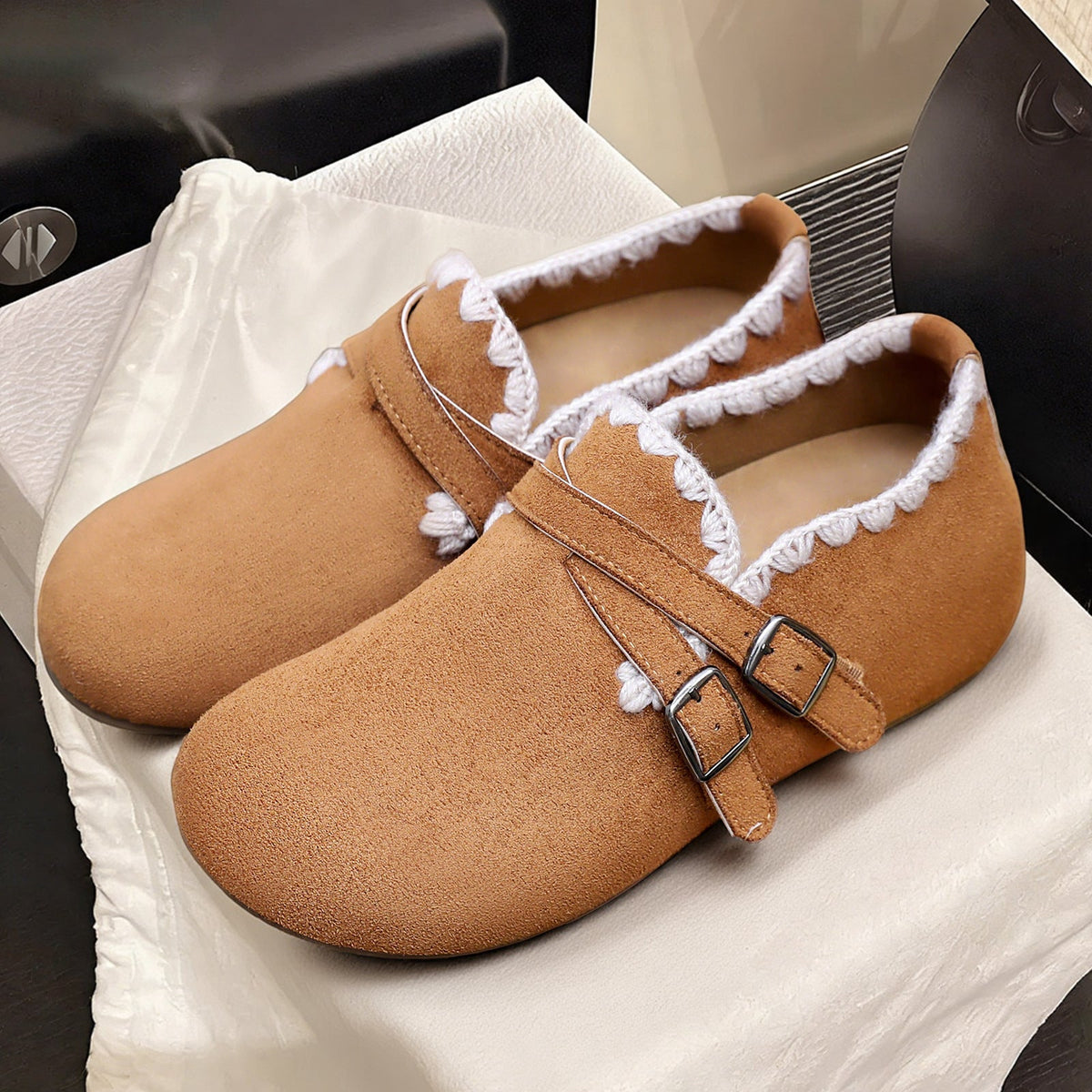 Women's Home Slippers in a Velour Moccasin Cut | Crochet Trim, Double Buckle Straps | Padded Footbed, Sizes 5.5-9.5