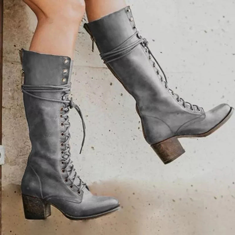 Women's Knee High Lace Up Boots with Block Heel | Studded Fold Over Cuff | Sizes 5.5-9.5, 5 Colors