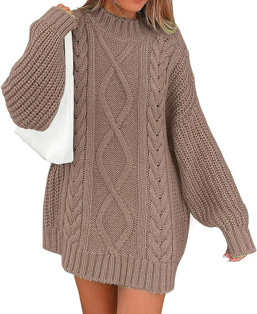 Women's Oversized Sweater Dress with Cable Knit Front | Balloon Sleeves, High Round Neck | Sizes S-XL, 7 Colors