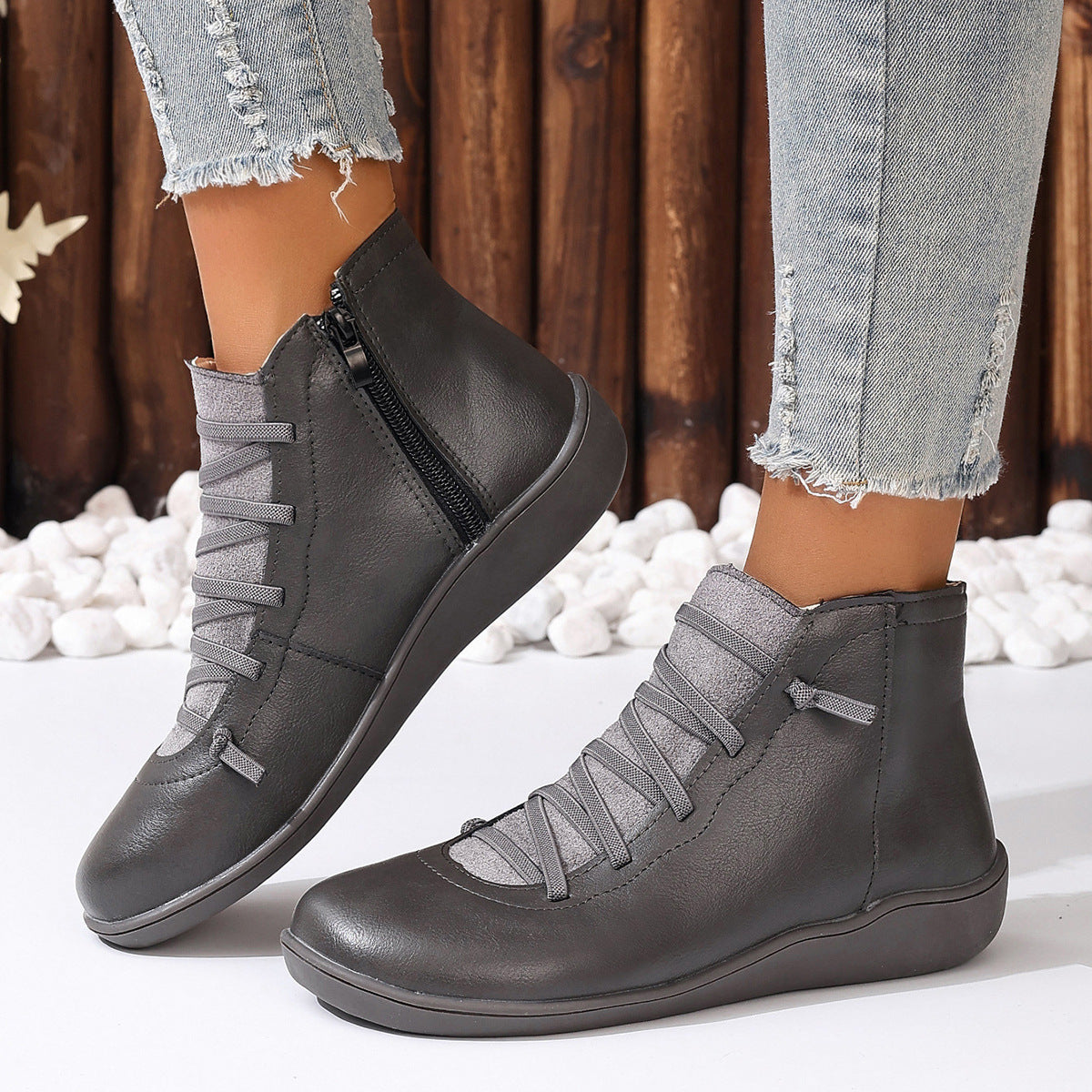 Women's Ankle Boots with Elastic Lacing and Side Zip | Leather Look Upper, Flexible Rubber Sole | Sizes 5.5-11, 6 Colors