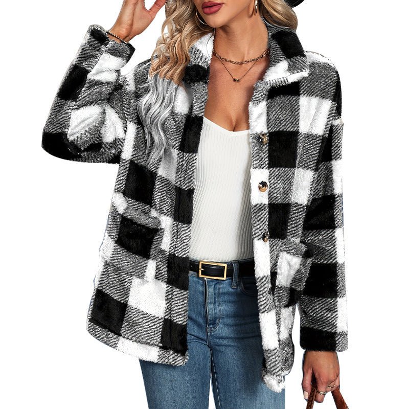 Women's Plaid Fleece Shacket with Button Front and Side Pockets | Loose Fit Warm Shirt Jacket for Fall | Size S-XL