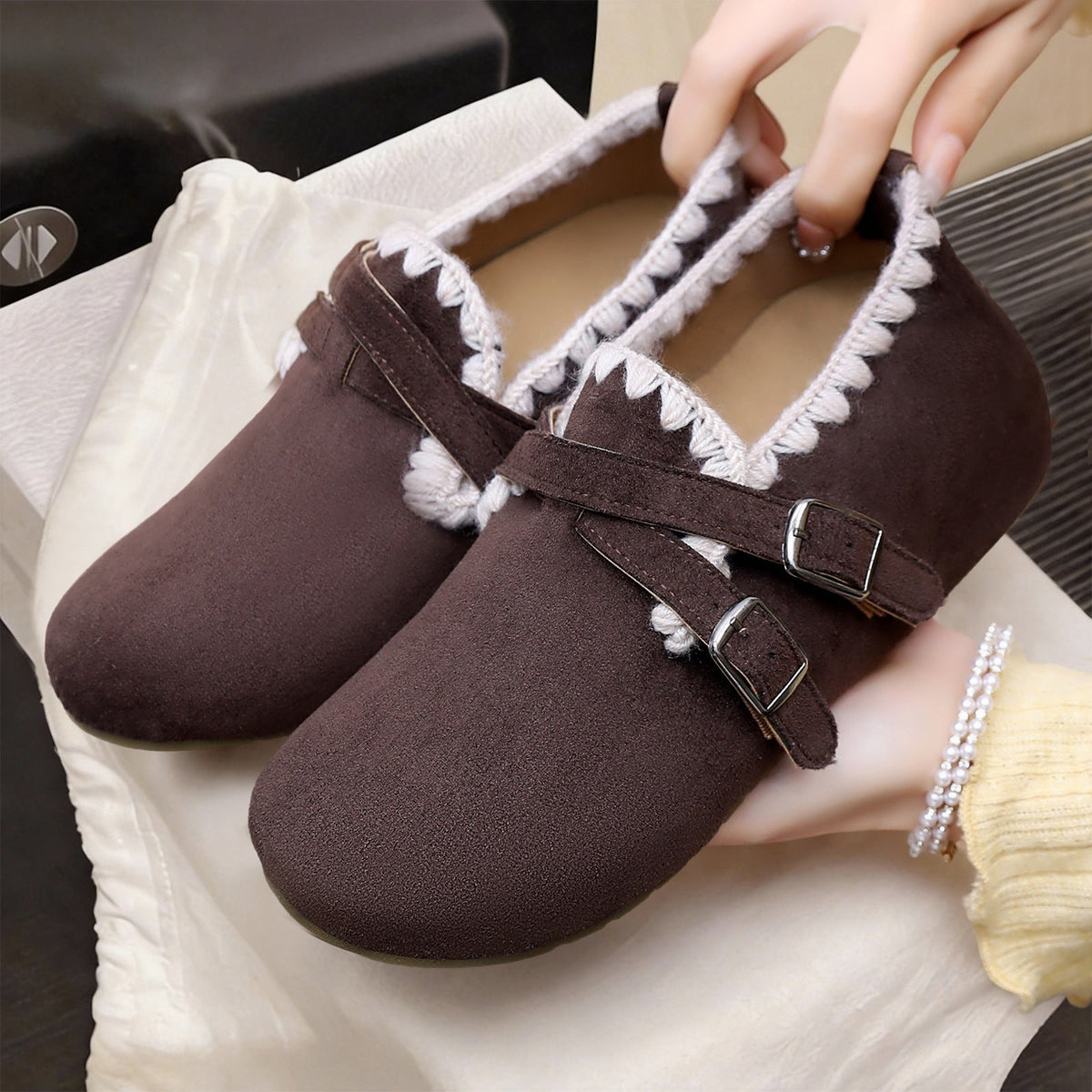 Women's Home Slippers in a Velour Moccasin Cut | Crochet Trim, Double Buckle Straps | Padded Footbed, Sizes 5.5-9.5