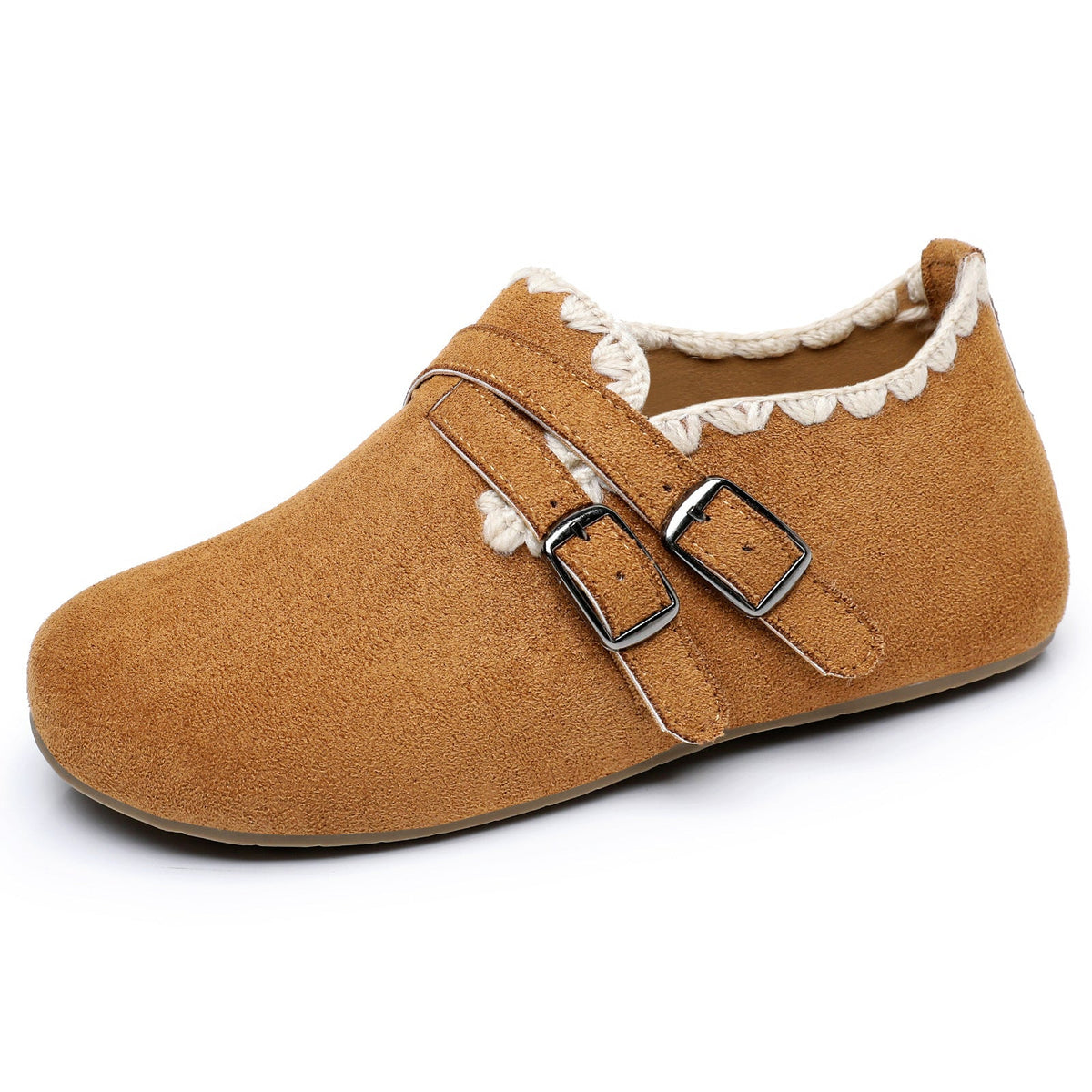 Women's Home Slippers in a Velour Moccasin Cut | Crochet Trim, Double Buckle Straps | Padded Footbed, Sizes 5.5-9.5