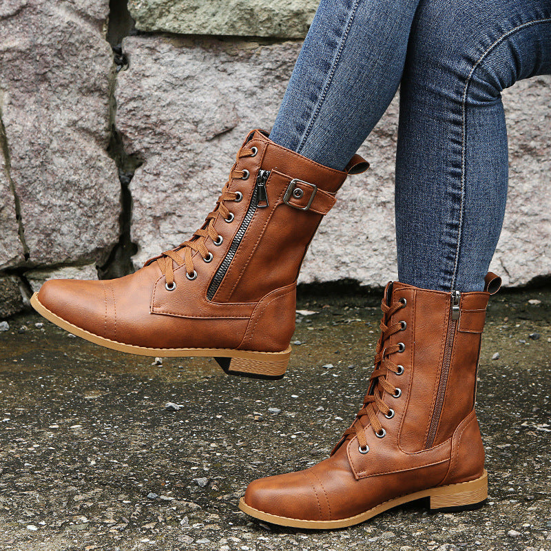 Women's Lace Up Boots in Faux Leather | Side Zip, Buckle Detail, Treaded Sole | Sizes 5.5-11, 4 Colors