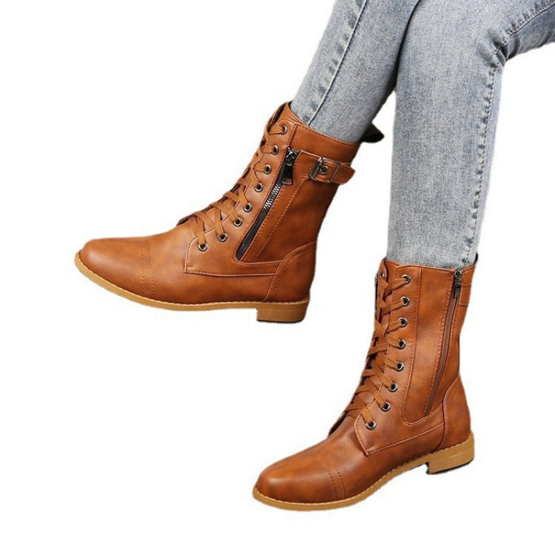 Women's Lace Up Boots in Faux Leather | Side Zip, Buckle Detail, Treaded Sole | Sizes 5.5-11, 4 Colors