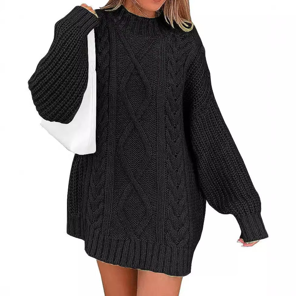 Women's Oversized Sweater Dress with Cable Knit Front | Balloon Sleeves, High Round Neck | Sizes S-XL, 7 Colors