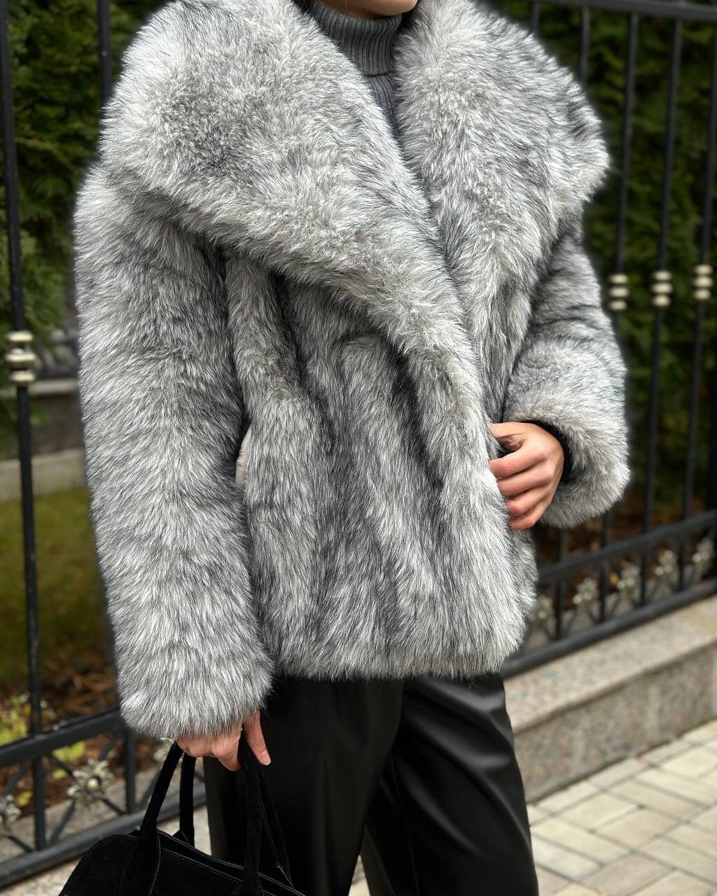 Women's Grey Faux Fur Jacket with Oversized Collar and Zip Front | Relaxed Fit Hip Length Winter Coat | Size S-2XL