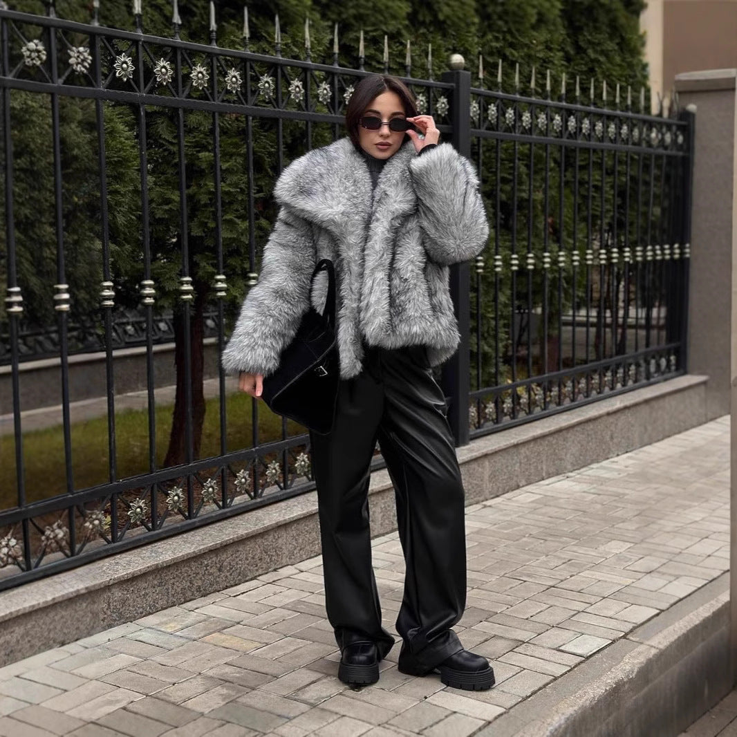 Women's Grey Faux Fur Jacket with Oversized Collar and Zip Front | Relaxed Fit Hip Length Winter Coat | Size S-2XL
