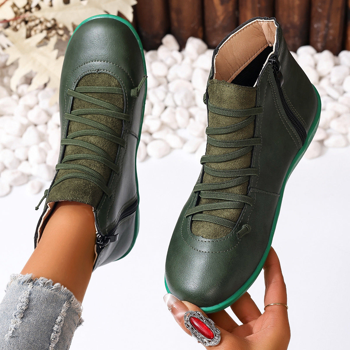 Women's Ankle Boots with Elastic Lacing and Side Zip | Leather Look Upper, Flexible Rubber Sole | Sizes 5.5-11, 6 Colors