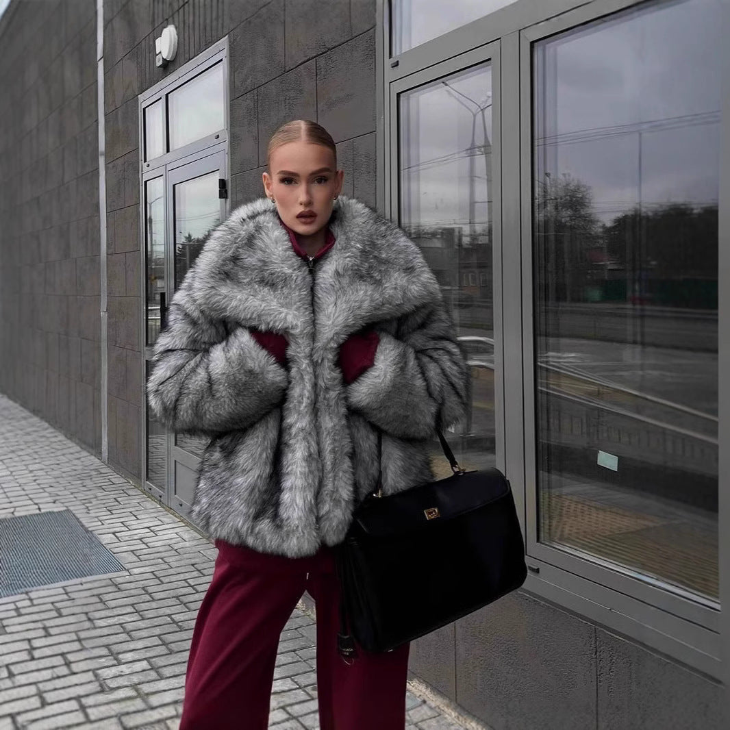 Women's Grey Faux Fur Jacket with Oversized Collar and Zip Front | Relaxed Fit Hip Length Winter Coat | Size S-2XL