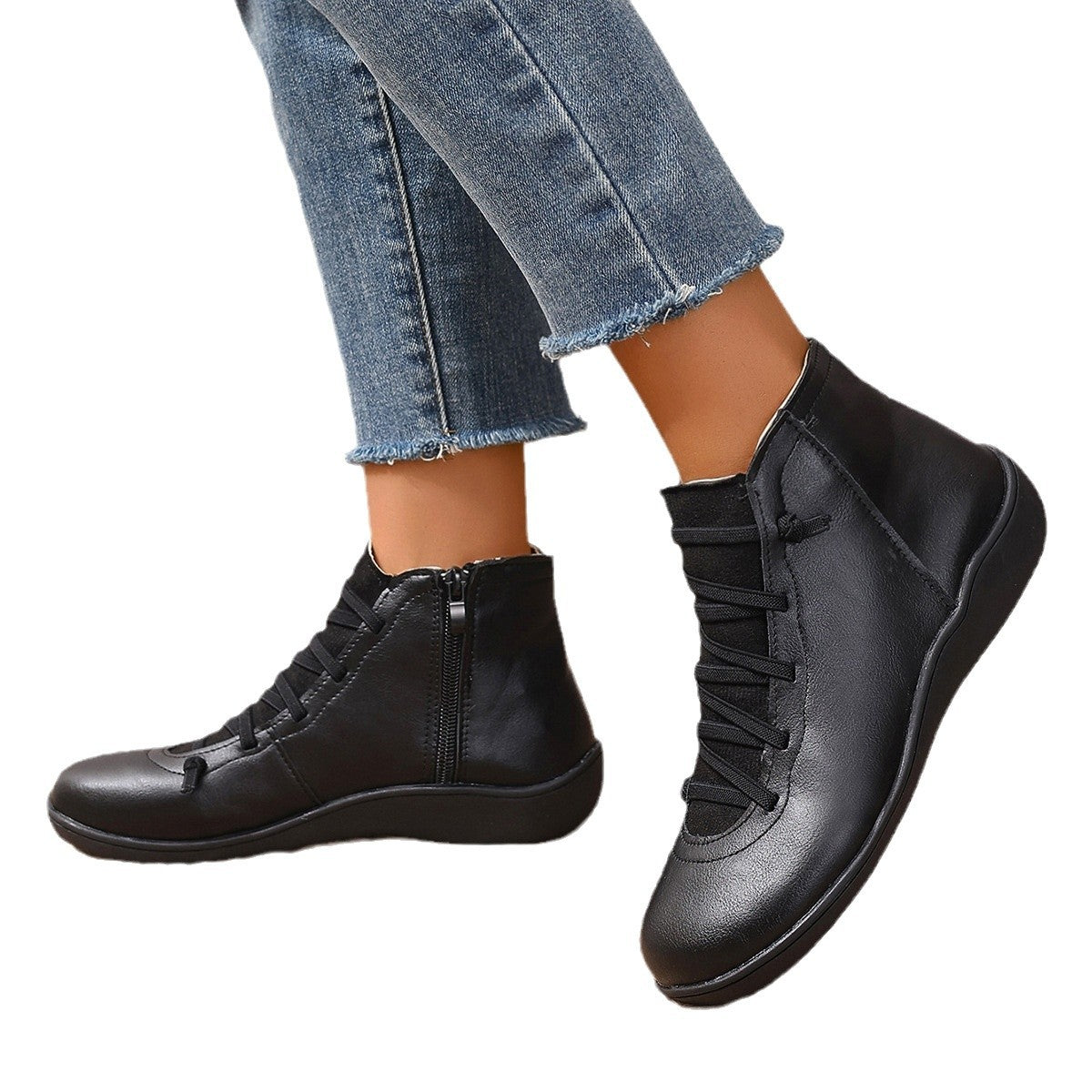 Women's Ankle Boots with Elastic Lacing and Side Zip | Leather Look Upper, Flexible Rubber Sole | Sizes 5.5-11, 6 Colors