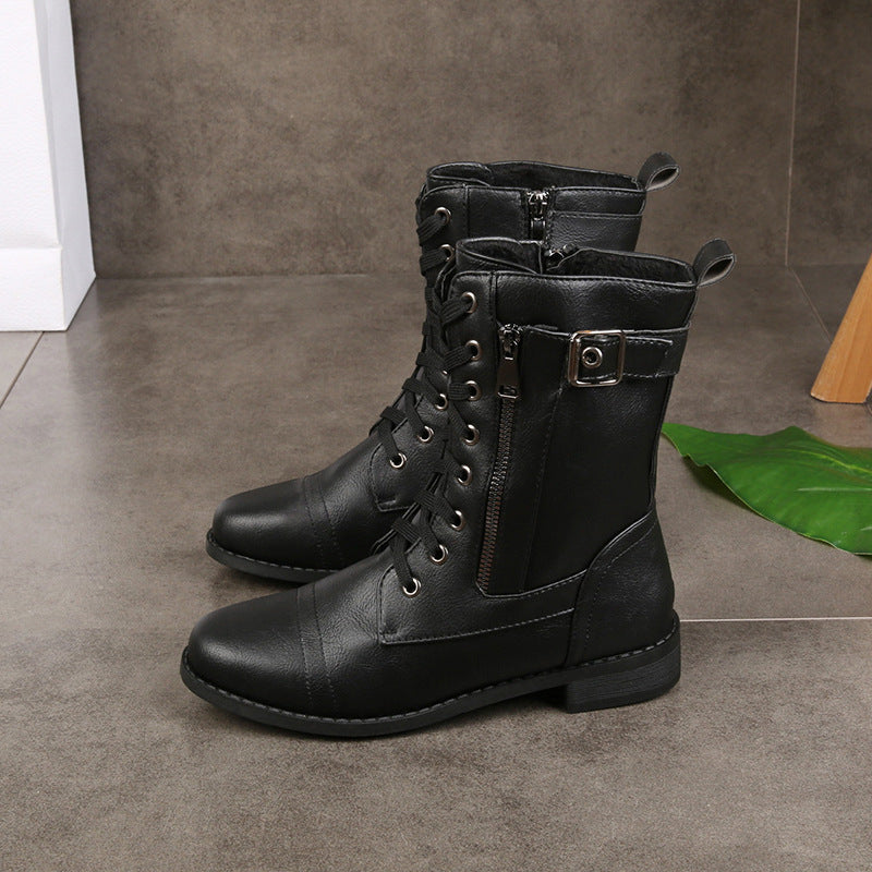 Women's Lace Up Boots in Faux Leather | Side Zip, Buckle Detail, Treaded Sole | Sizes 5.5-11, 4 Colors