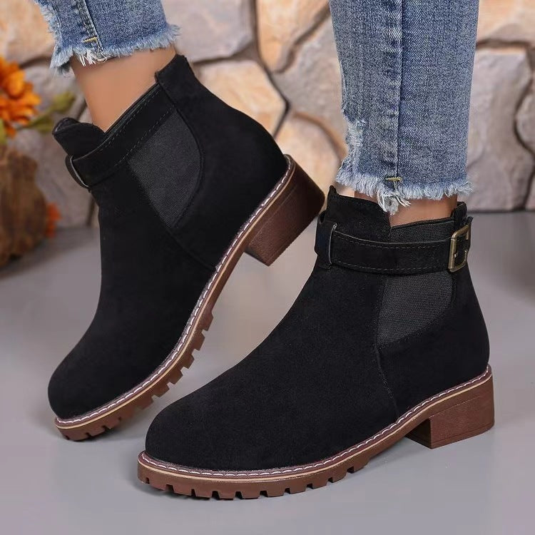 Women's Chelsea Ankle Boots in Suede Look | Buckle Trim, Low Block Heel, Treaded Sole | Sizes 5.5-11, 2 Colors