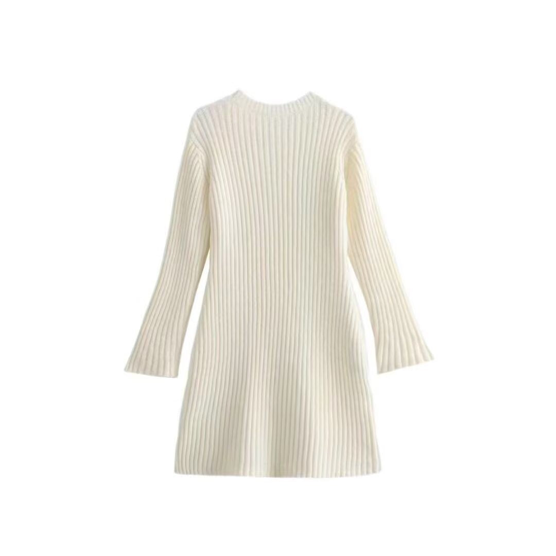 Women's Ribbed Knit Dress with Flared Cuffs | Round Neck, A Line Shape, Long Sleeves | Sizes S-L, 4 Colors