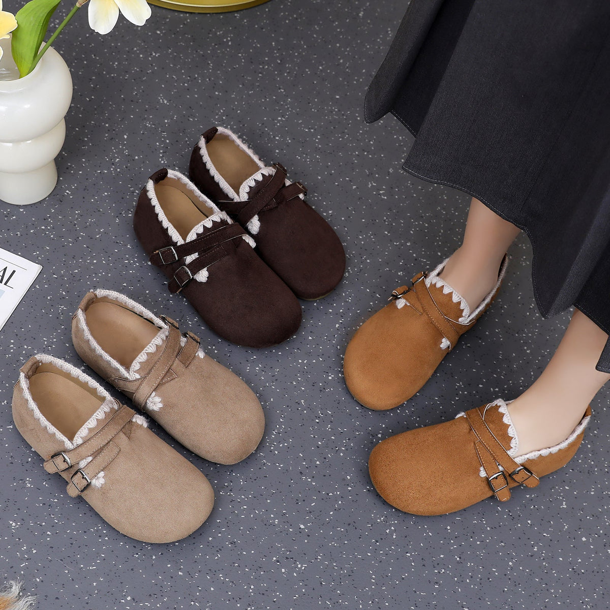 Women's Home Slippers in a Velour Moccasin Cut | Crochet Trim, Double Buckle Straps | Padded Footbed, Sizes 5.5-9.5