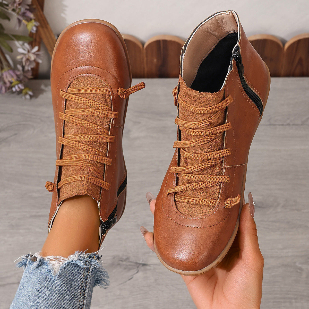 Women's Ankle Boots with Elastic Lacing and Side Zip | Leather Look Upper, Flexible Rubber Sole | Sizes 5.5-11, 6 Colors
