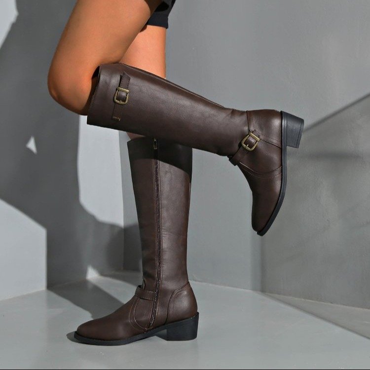 Women's Knee High Riding Boots with Buckle Straps | Leather Look Upper, Block Heel, Grip Rubber Sole | Sizes 5.5-11, 3 Colors