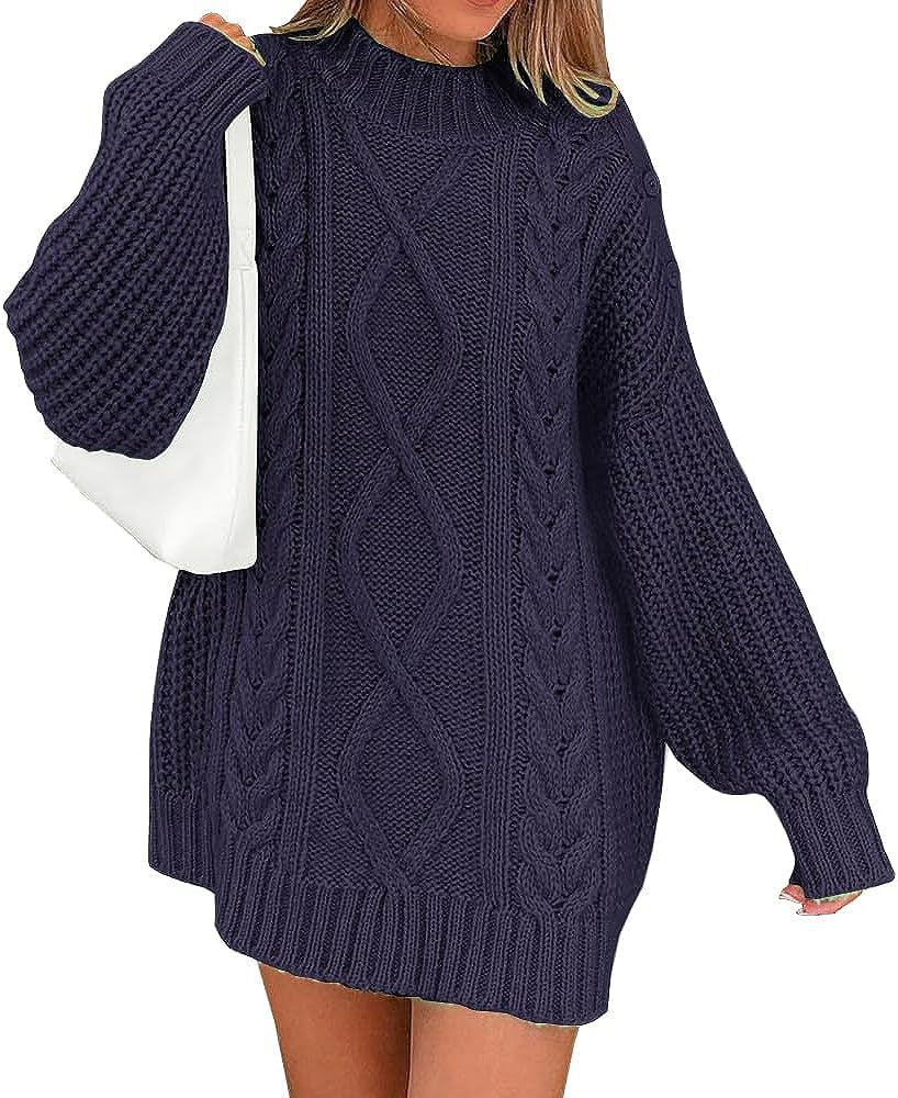 Women's Oversized Sweater Dress with Cable Knit Front | Balloon Sleeves, High Round Neck | Sizes S-XL, 7 Colors