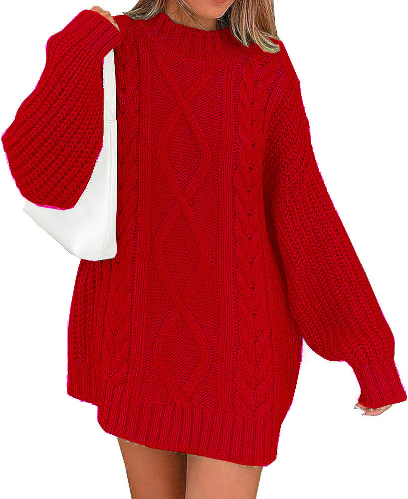 Women's Oversized Sweater Dress with Cable Knit Front | Balloon Sleeves, High Round Neck | Sizes S-XL, 7 Colors