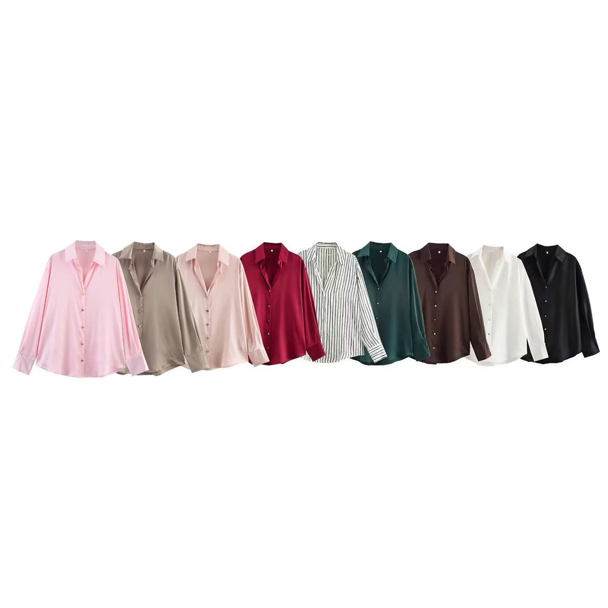 Women's Oversized Satin Button Up Blouse | Shirt Collar, Extended Cuffs, Rounded Hem | Sizes S to L, 9 Colors
