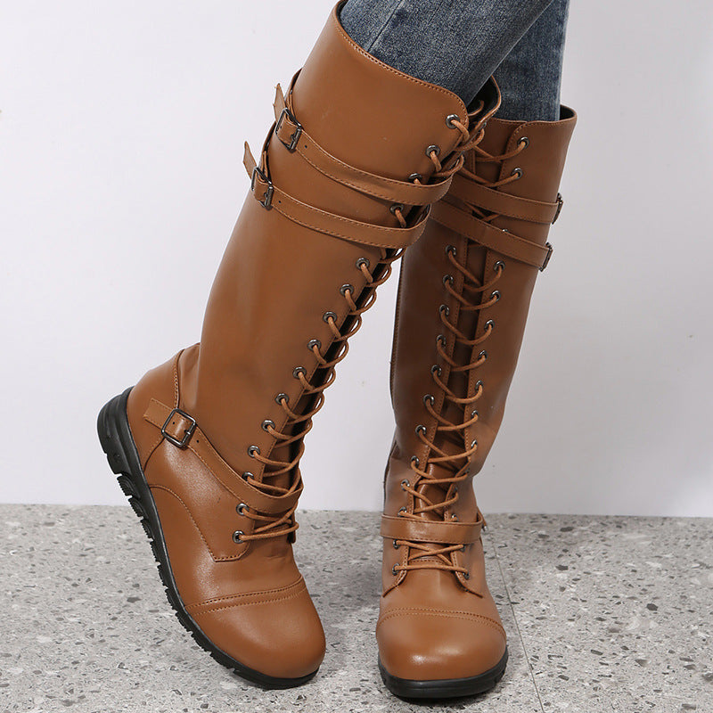 Women's Buckle Knee High Boots in a Leather Look | Full Height Lacing, Shock Absorbing Lug Sole | Sizes 5.5-11, 3 Colors