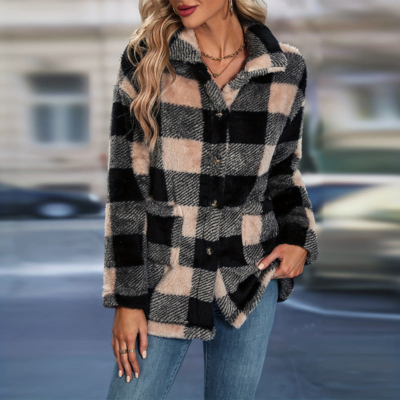 Women's Plaid Fleece Shacket with Button Front and Side Pockets | Loose Fit Warm Shirt Jacket for Fall | Size S-XL