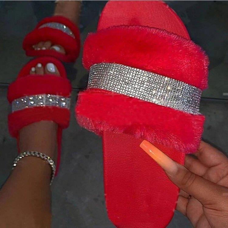 Women's Fur Slippers with a Rhinestone Trim | Fluffy Upper on a Non Slip Rubber Sole | Sizes 5.5 to 11, 8 Colors