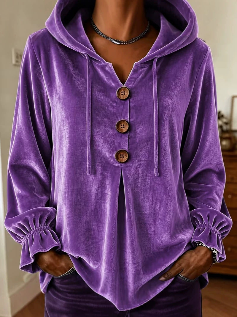 Women's Velvet Top with Hood and Drawstring | Decorative Button Placket, Ruffled Cuffs | Sizes S to 5XL, 5 Colors
