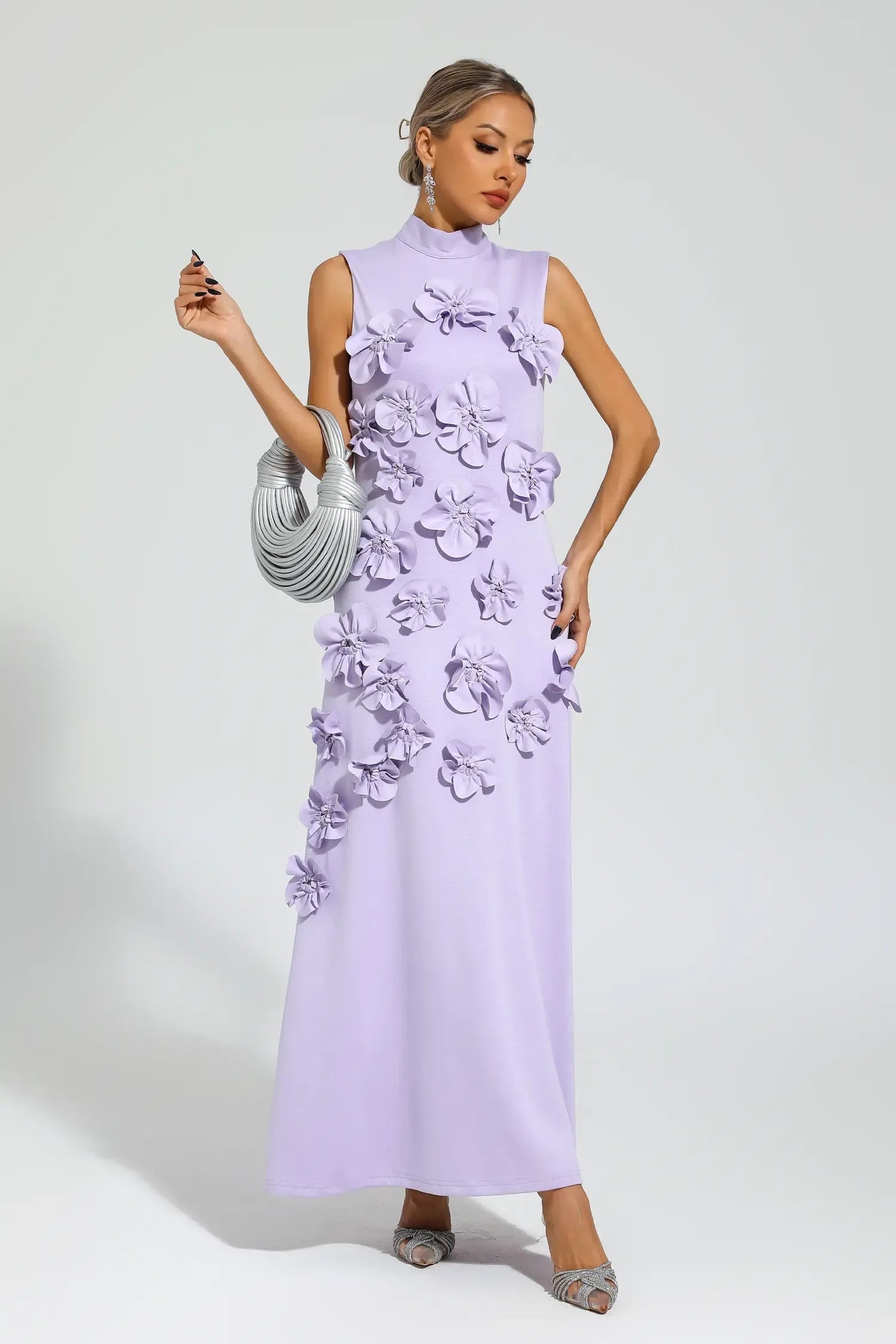 Maxi Dress with High Neckline and Embroidered Floral Detail