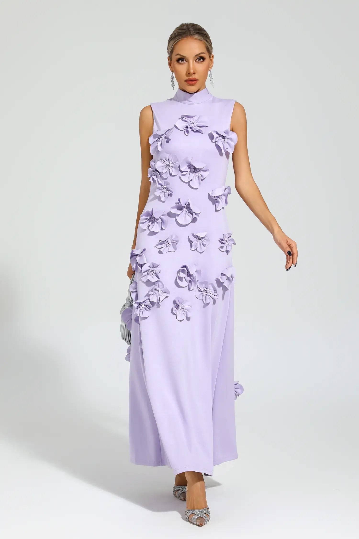 Maxi Dress with High Neckline and Embroidered Floral Detail