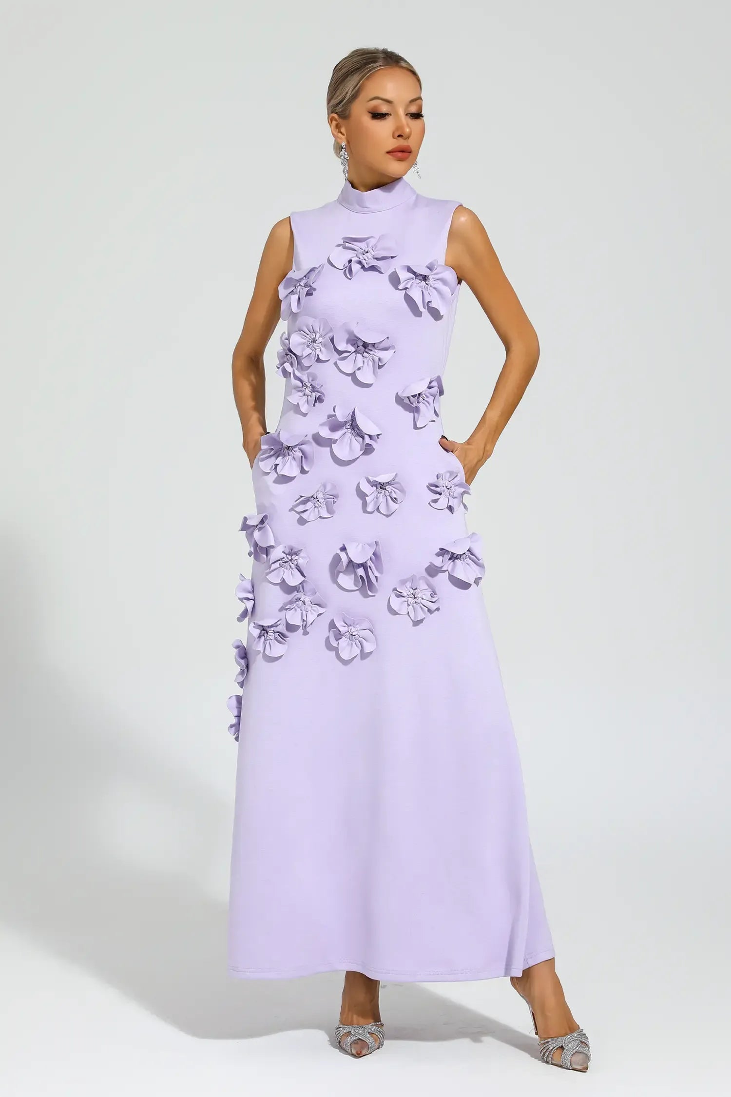 Maxi Dress with High Neckline and Embroidered Floral Detail