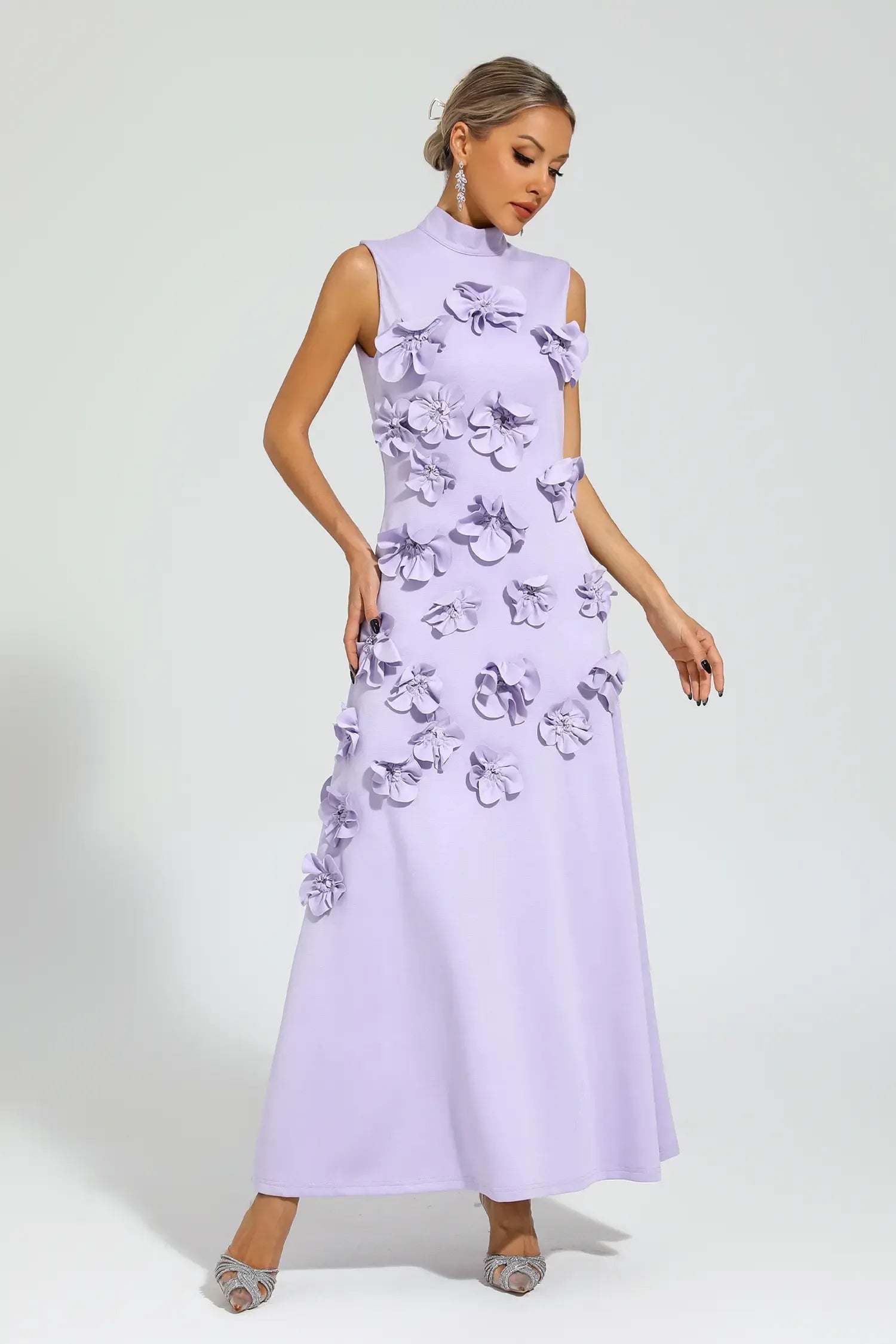 Maxi Dress with High Neckline and Embroidered Floral Detail