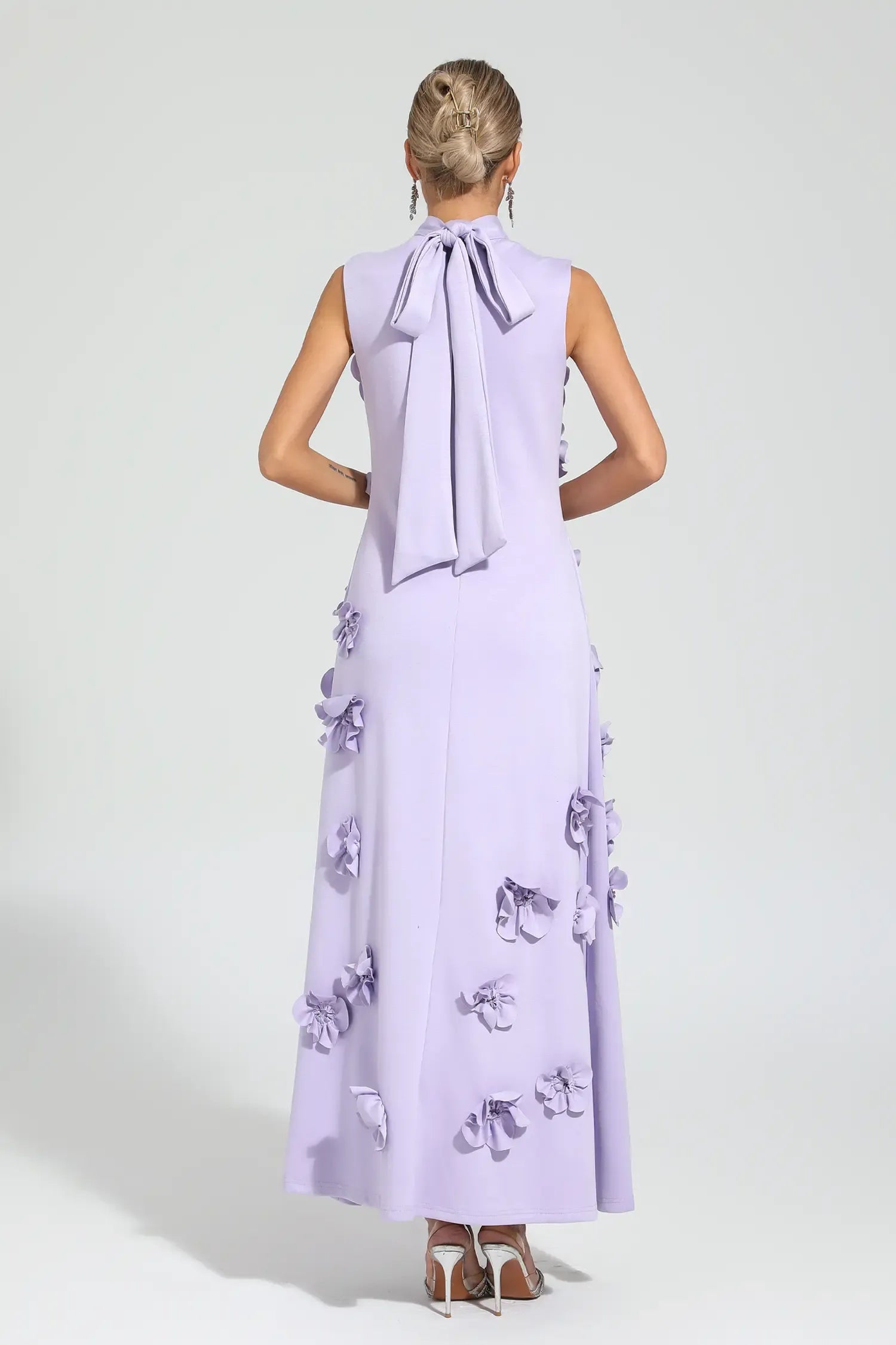Maxi Dress with High Neckline and Embroidered Floral Detail