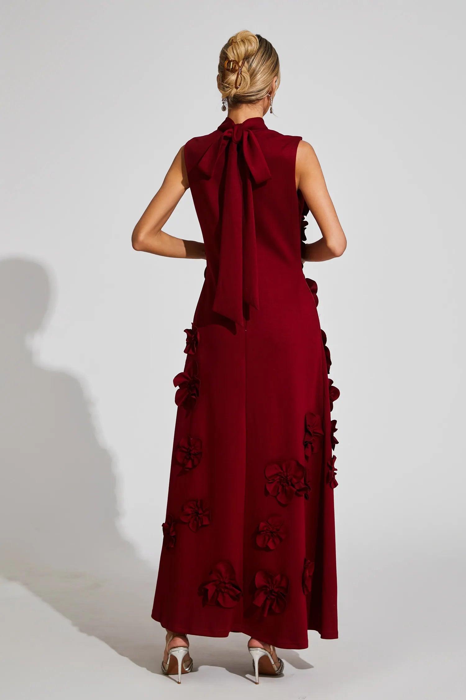 Maxi Dress with High Neckline and Embroidered Floral Detail