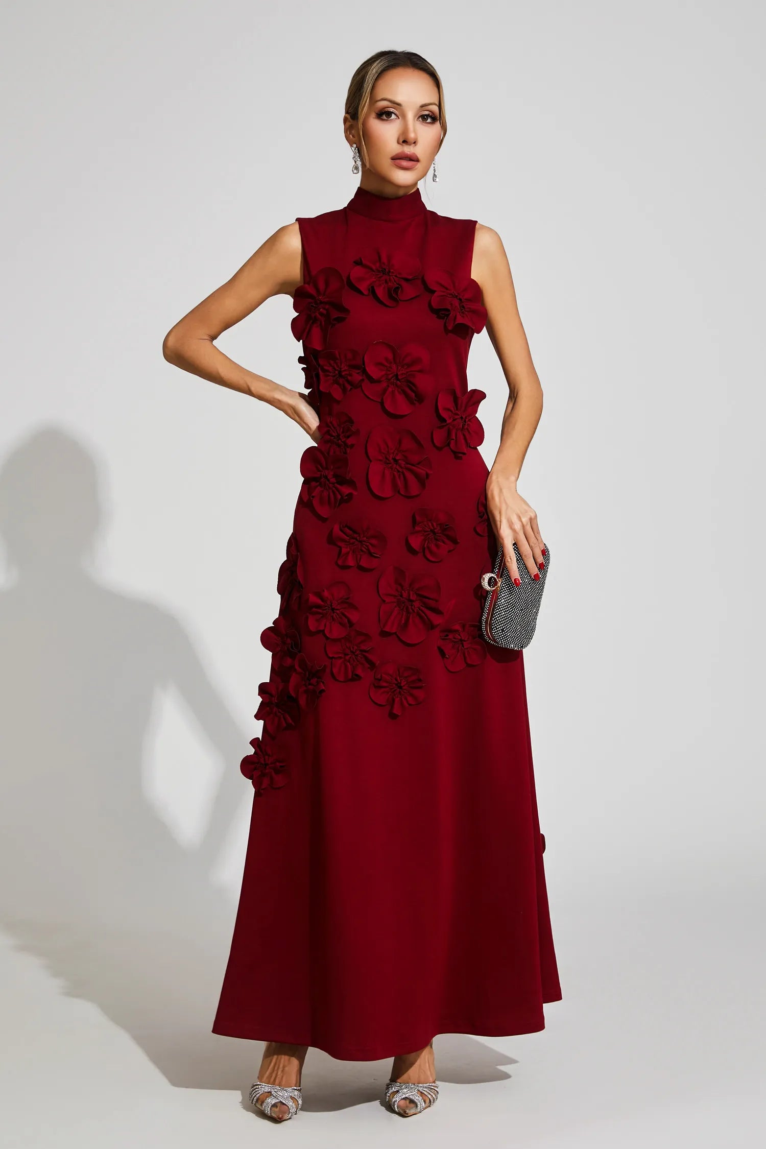 Maxi Dress with High Neckline and Embroidered Floral Detail