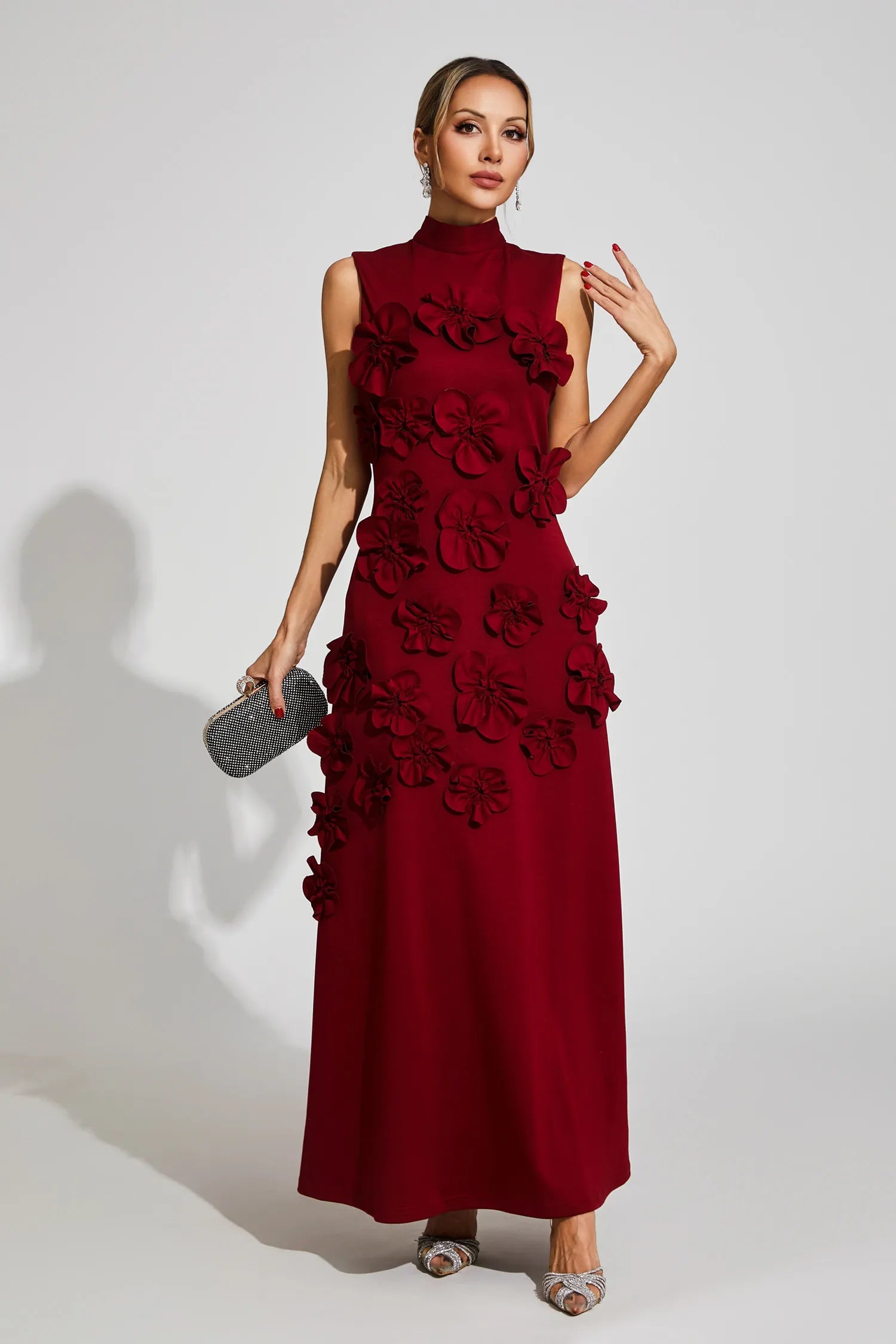 Maxi Dress with High Neckline and Embroidered Floral Detail