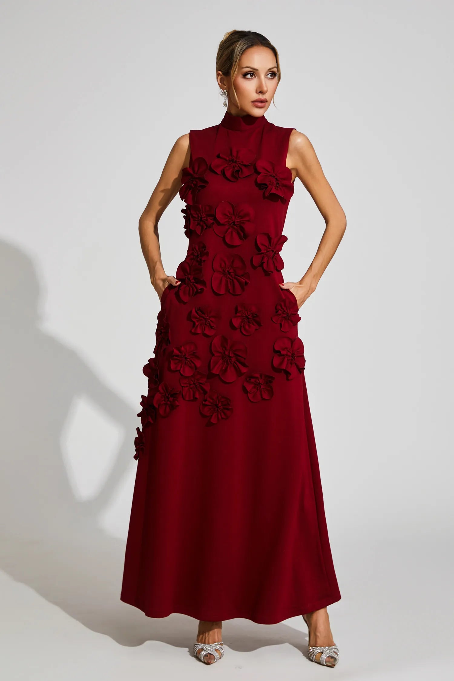 Maxi Dress with High Neckline and Embroidered Floral Detail